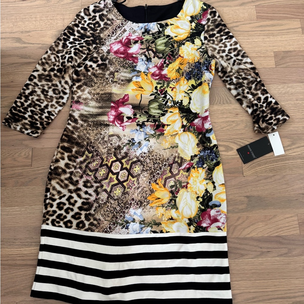 Frank Lyman Design Multicolor Floral & Leopard Print Long Sleeve Dress
